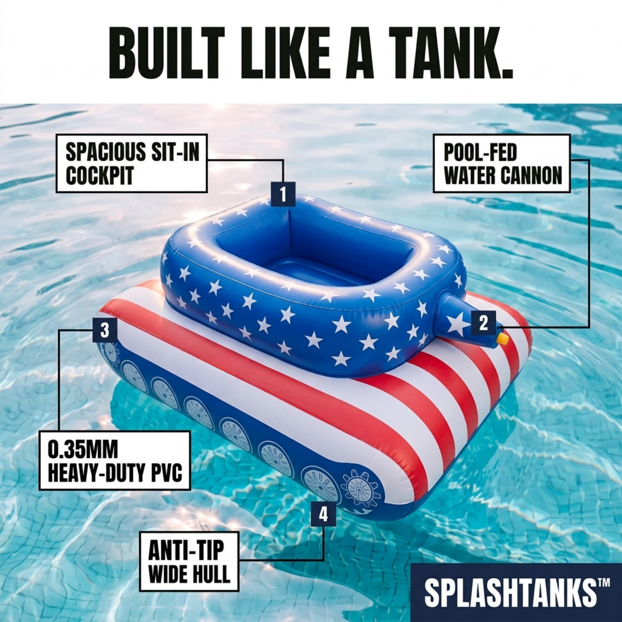 The SplashTank™ — Ride-On Water Cannon Pool Float